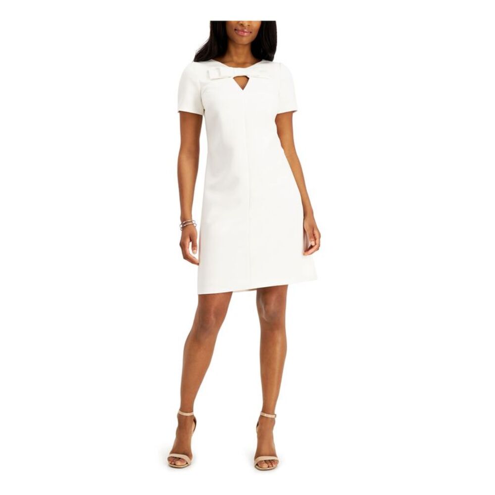 NWT ANNE KLEIN Womens Ivory Fitted Bow Short Sleeve Short Evening Shift Dress 12